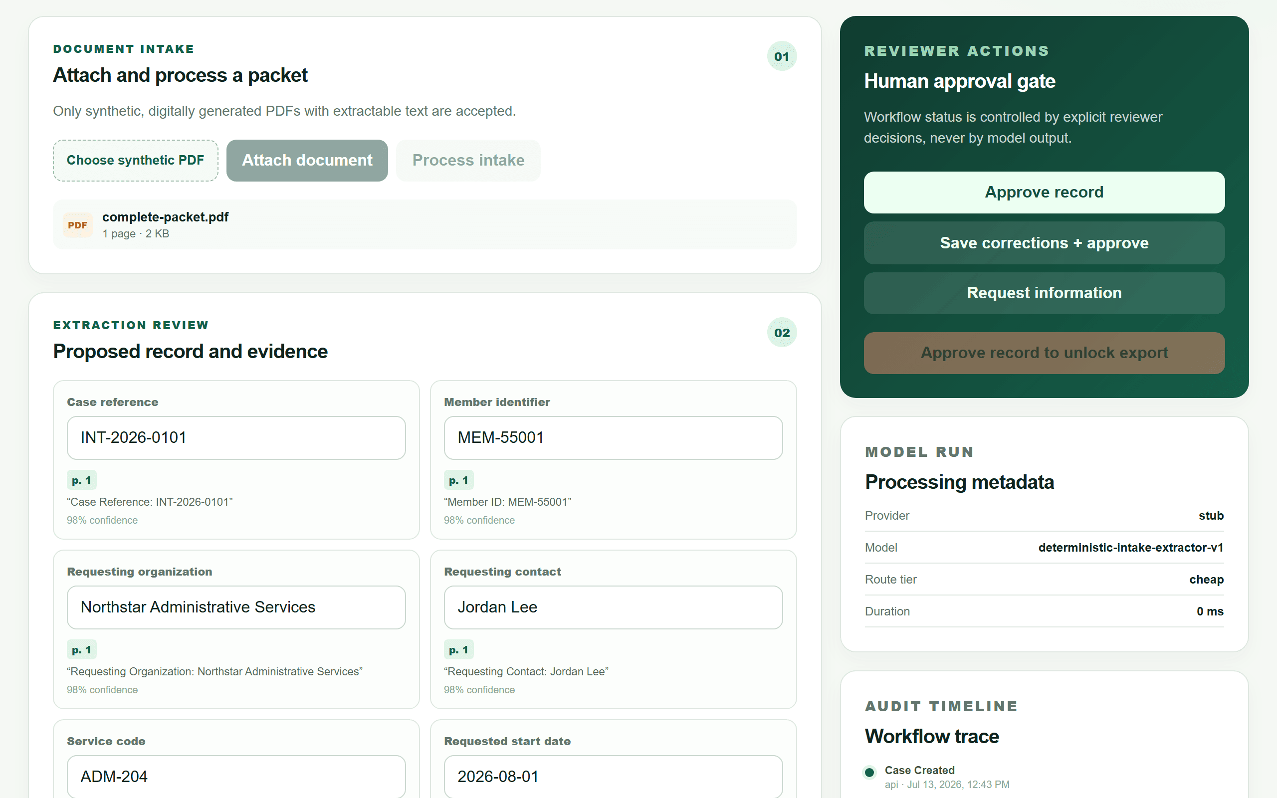 IntakeFlow case workspace: extracted fields with page-level evidence and the reviewer approval gate